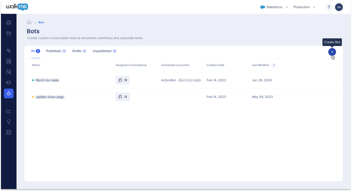 Bots List Page - ActionBot Console - WalkMe Help Center